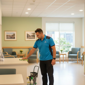 A CJM Cleaning & Facilities Services worker in a blue and black polo shirt wiping down a reception counter in a brightly lit, modern aged care facility waiting area.