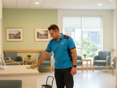 A CJM Cleaning & Facilities Services worker in a blue and black polo shirt wiping down a reception counter in a brightly lit, modern aged care facility waiting area.