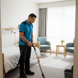 Aged care cleaning Sydney worker from CJM Cleaning sanitizing reception counter in modern facility.