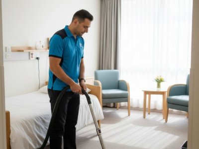 Aged care cleaning Sydney worker from CJM Cleaning sanitizing reception counter in modern facility.